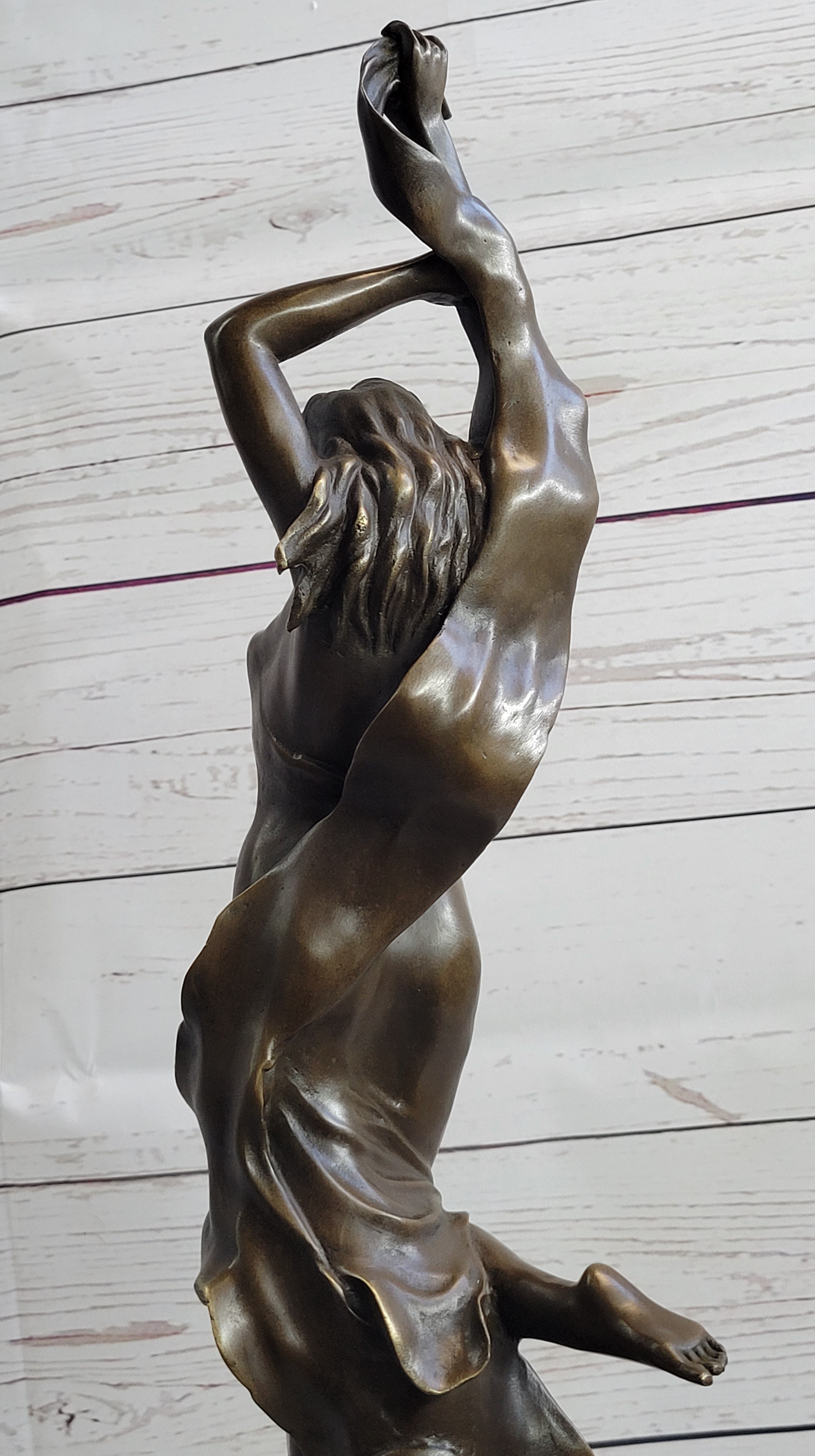 Art Nouveau Bronze Female Figure Reaching Upwards on Marble Base