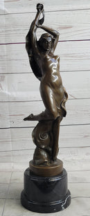 Art Nouveau Bronze Female Figure Reaching Upwards on Marble Base
