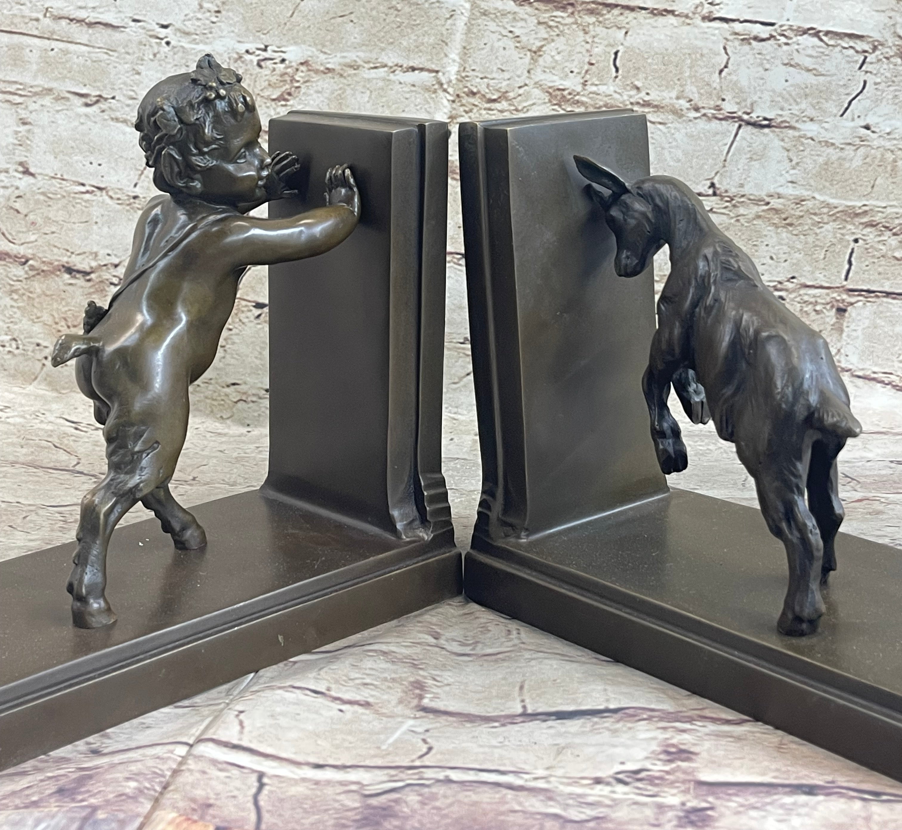 Baby Satyr Cherub Goat Bronze Bookend Sculpture 8" x 8"