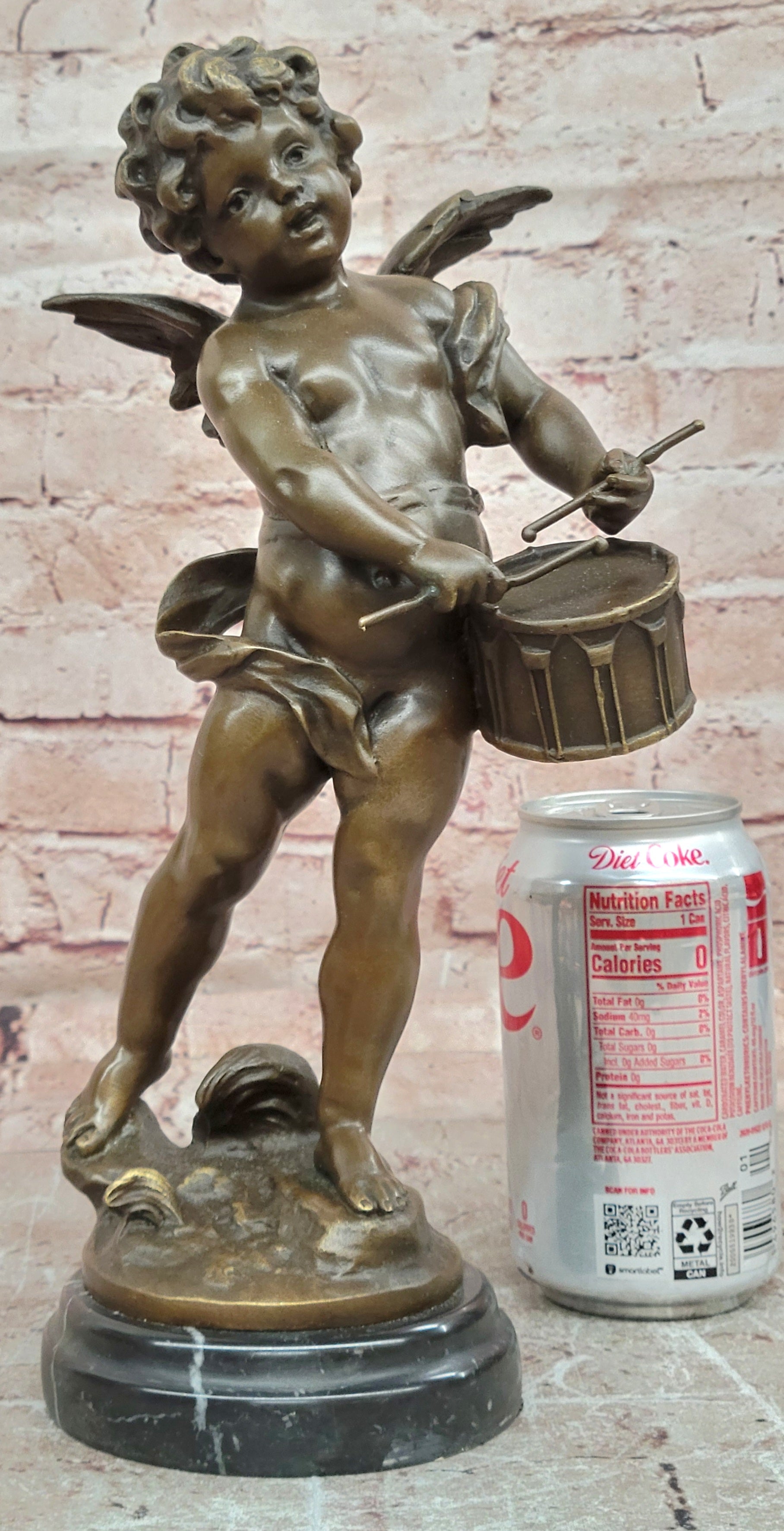 Hand Made Signed Moreau Bronze Statue Angel Cherub Figure W/Drum Figure