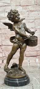Hand Made Signed Moreau Bronze Statue Angel Cherub Figure W/Drum Figure