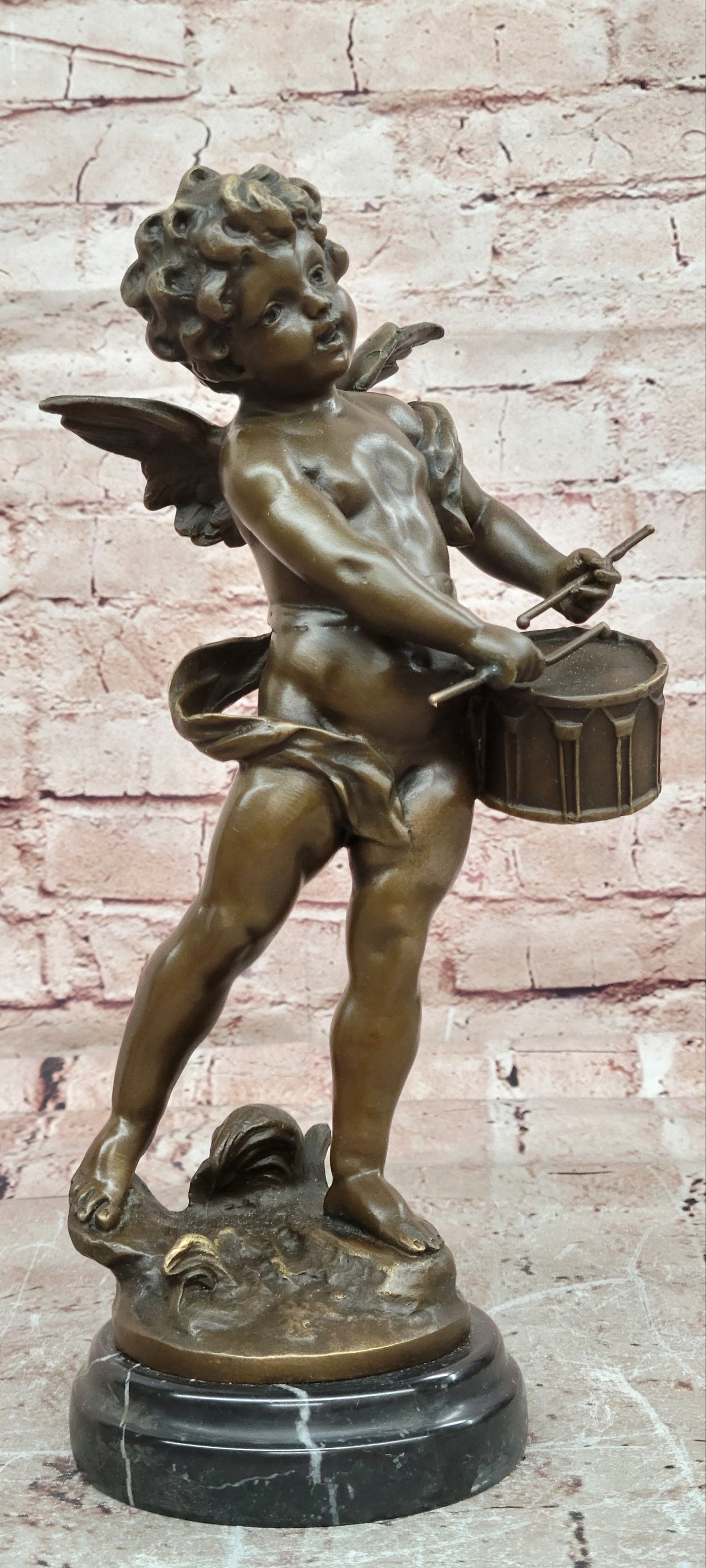 Hand Made Signed Moreau Bronze Statue Angel Cherub Figure W/Drum Figure