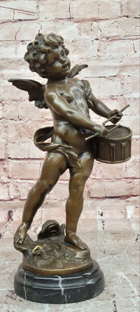 Hand Made Signed Moreau Bronze Statue Angel Cherub Figure W/Drum Figure