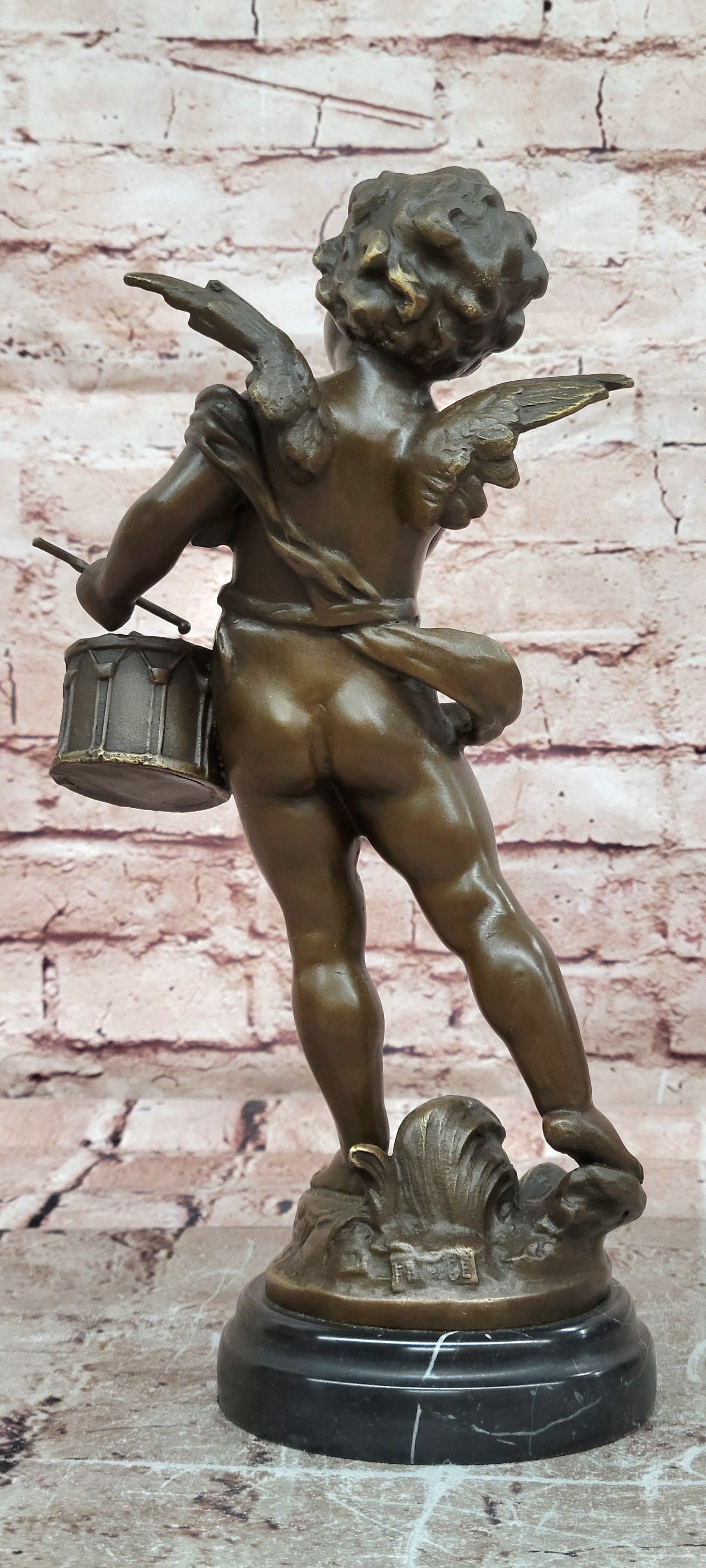 Hand Made Signed Moreau Bronze Statue Angel Cherub Figure W/Drum Figure