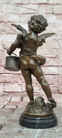Hand Made Signed Moreau Bronze Statue Angel Cherub Figure W/Drum Figure