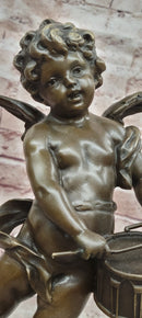 Hand Made Signed Moreau Bronze Statue Angel Cherub Figure W/Drum Figure