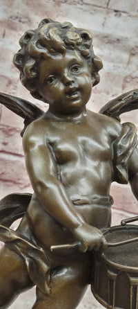 Hand Made Signed Moreau Bronze Statue Angel Cherub Figure W/Drum Figure