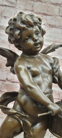 Hand Made Signed Moreau Bronze Statue Angel Cherub Figure W/Drum Figure