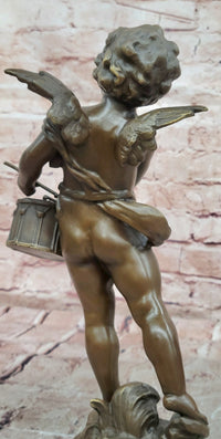 Hand Made Signed Moreau Bronze Statue Angel Cherub Figure W/Drum Figure