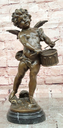 Hand Made Signed Moreau Bronze Statue Angel Cherub Figure W/Drum Figure