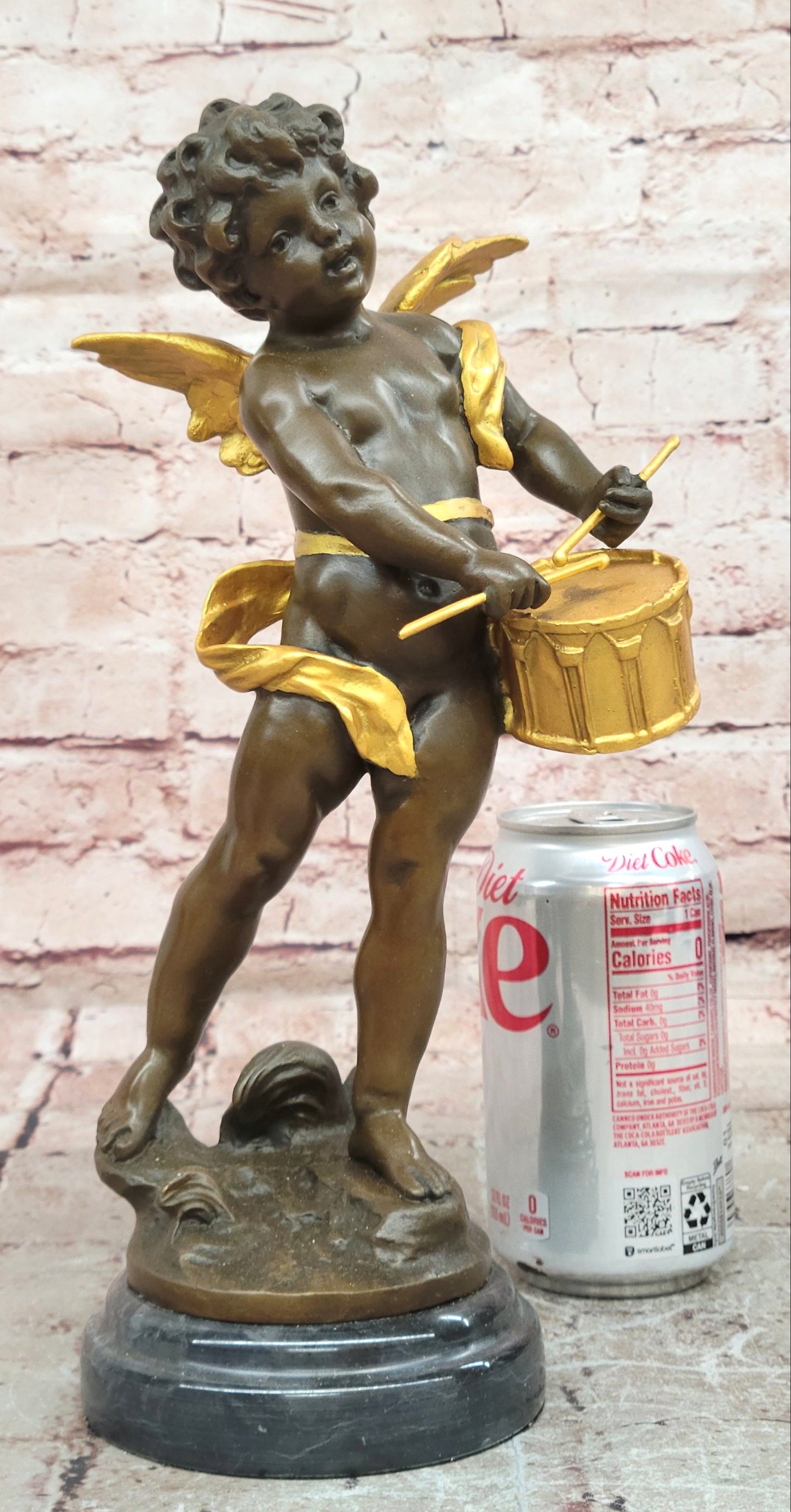 Vintage French Moreau Solid Bronze Angel Putti Cherub Drummer Figurine Figure