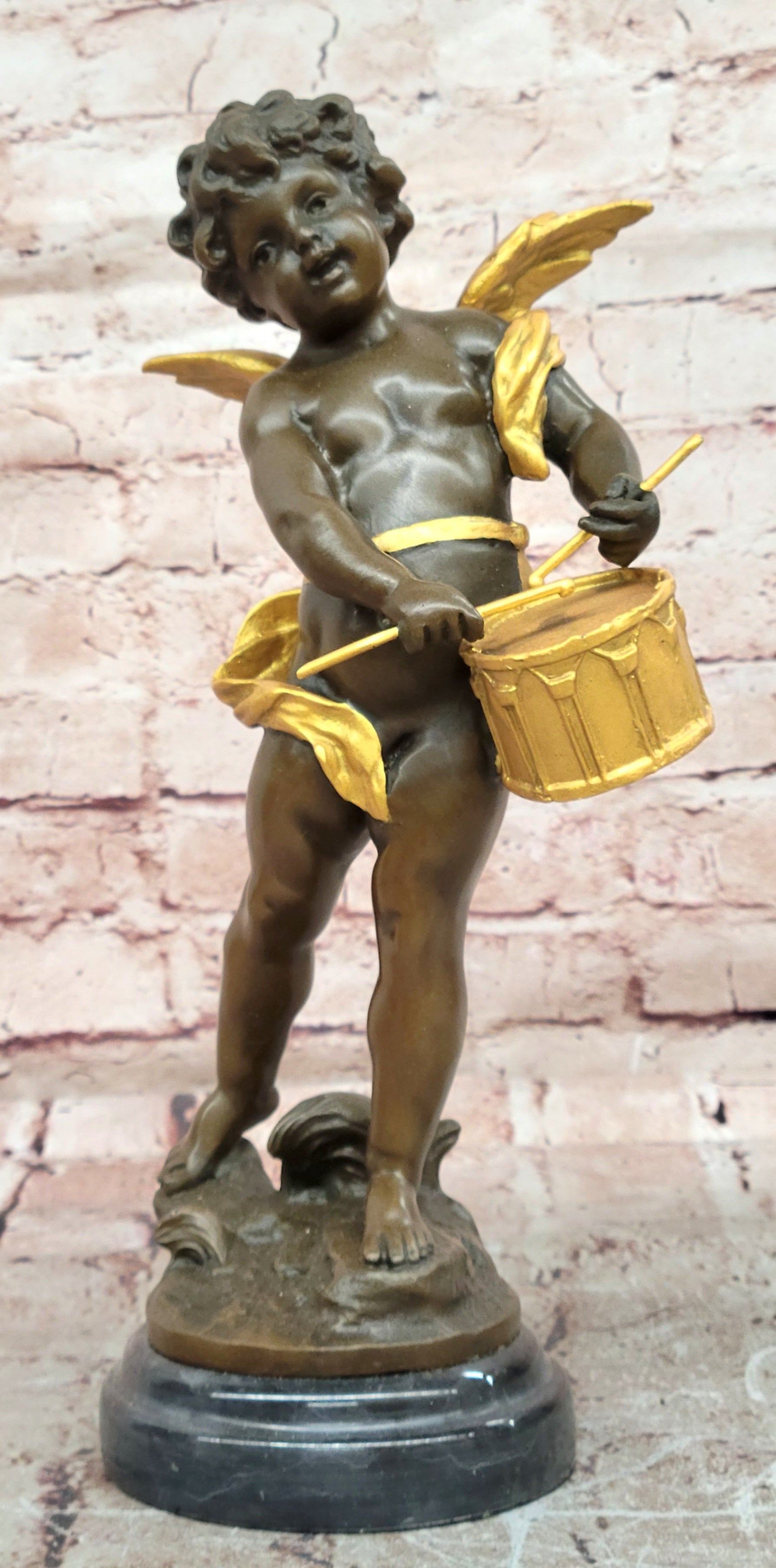 Vintage French Moreau Solid Bronze Angel Putti Cherub Drummer Figurine Figure