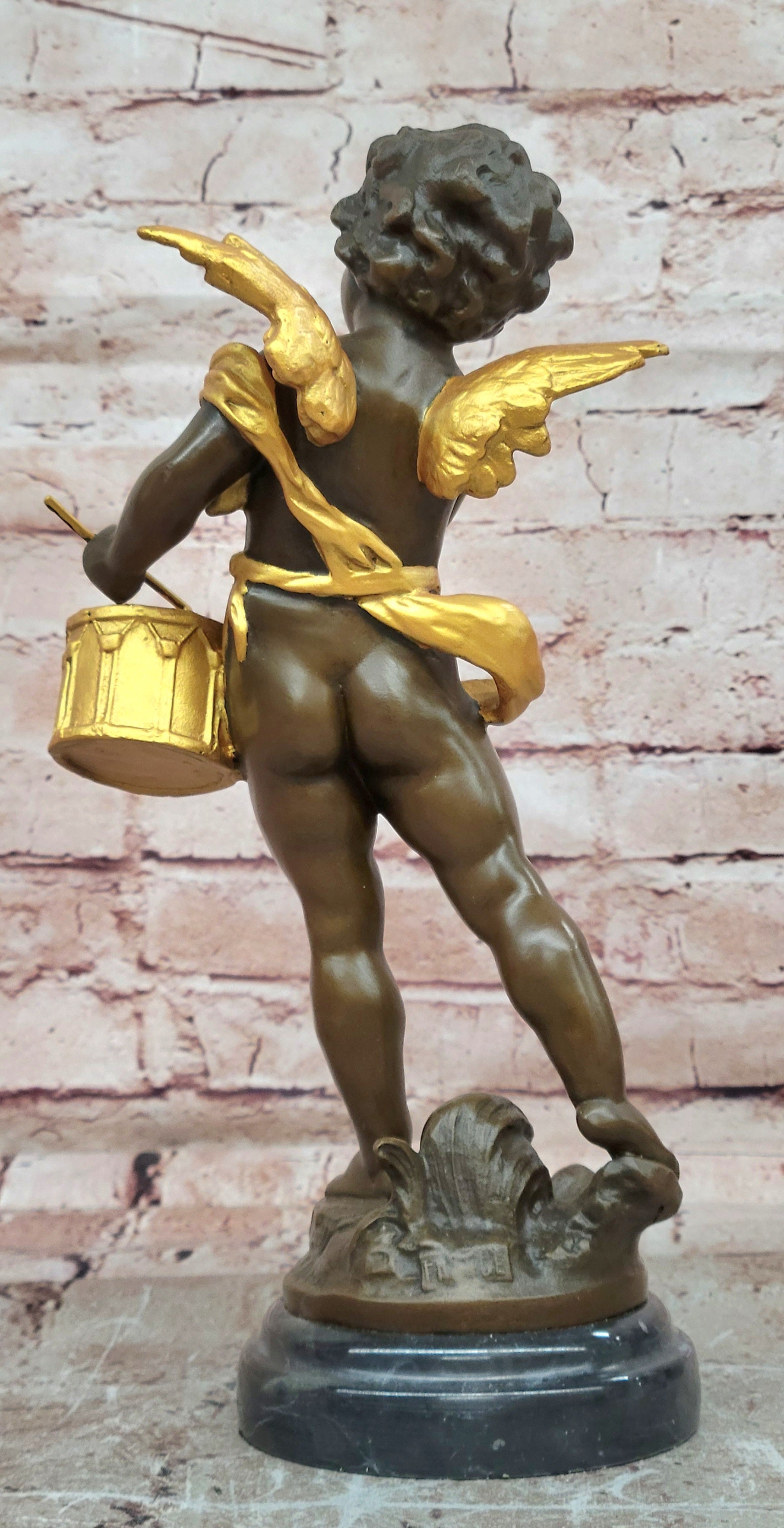 Vintage French Moreau Solid Bronze Angel Putti Cherub Drummer Figurine Figure