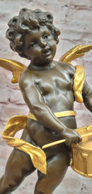 Vintage French Moreau Solid Bronze Angel Putti Cherub Drummer Figurine Figure