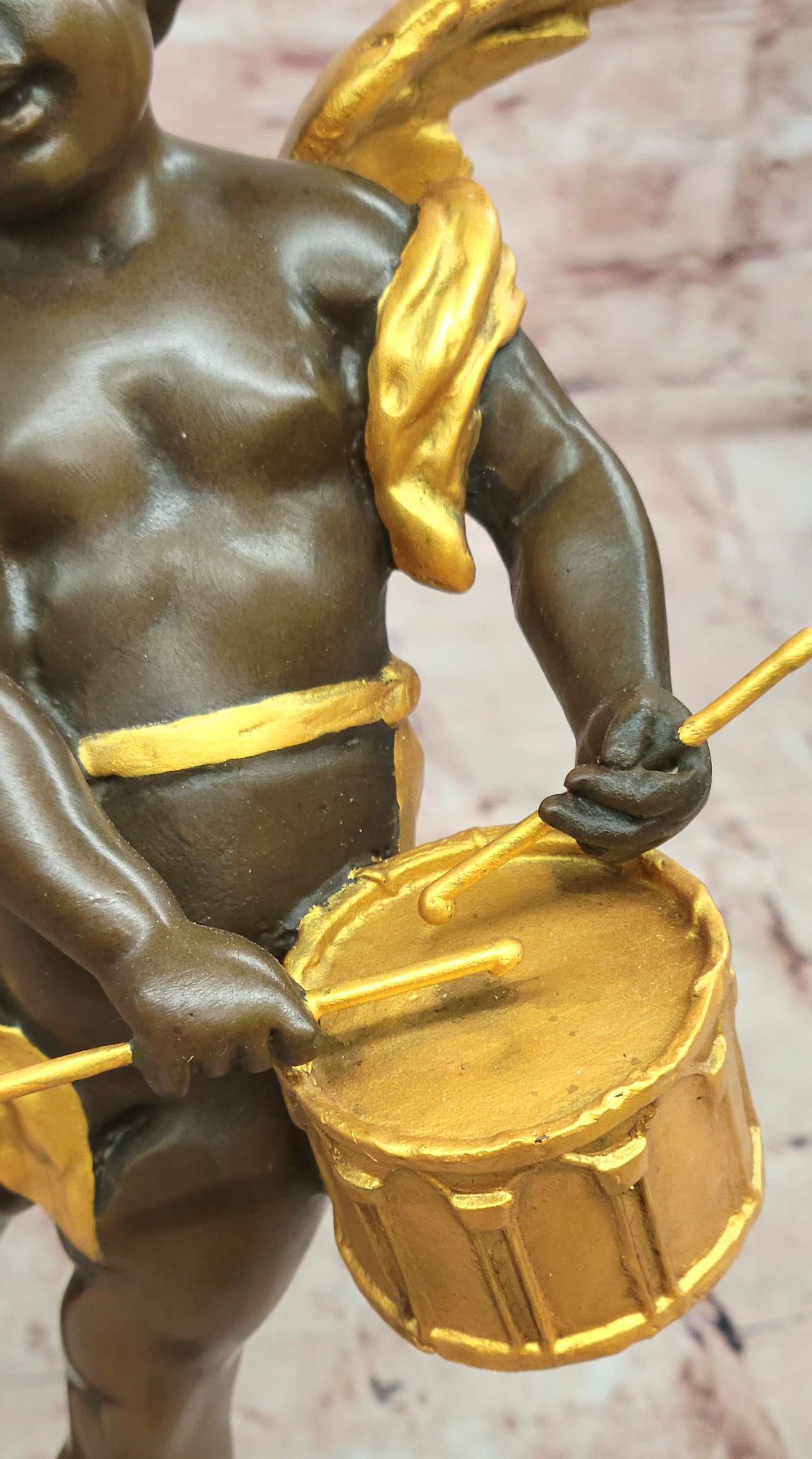 Vintage French Moreau Solid Bronze Angel Putti Cherub Drummer Figurine Figure