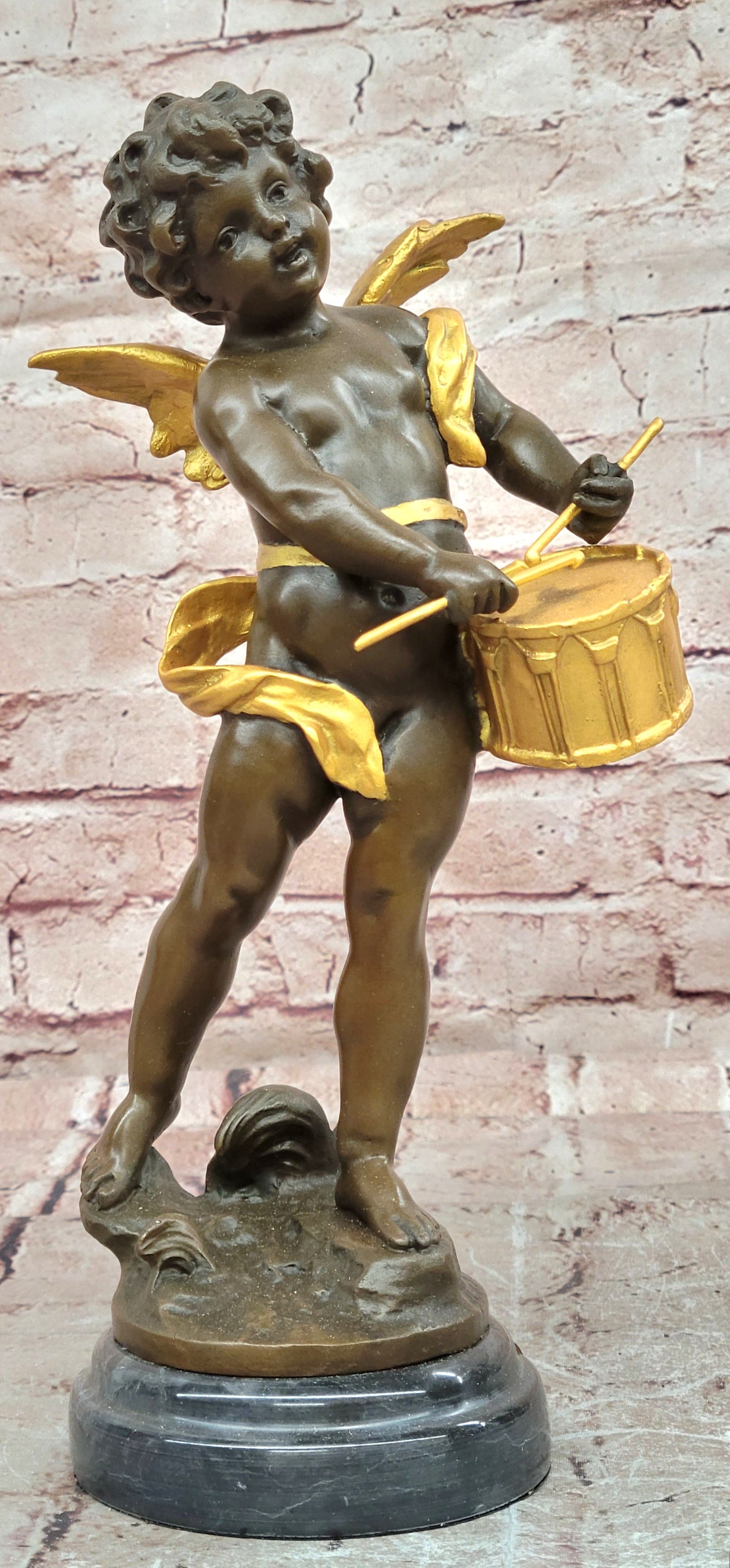 Vintage French Moreau Solid Bronze Angel Putti Cherub Drummer Figurine Figure