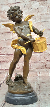 Vintage French Moreau Solid Bronze Angel Putti Cherub Drummer Figurine Figure