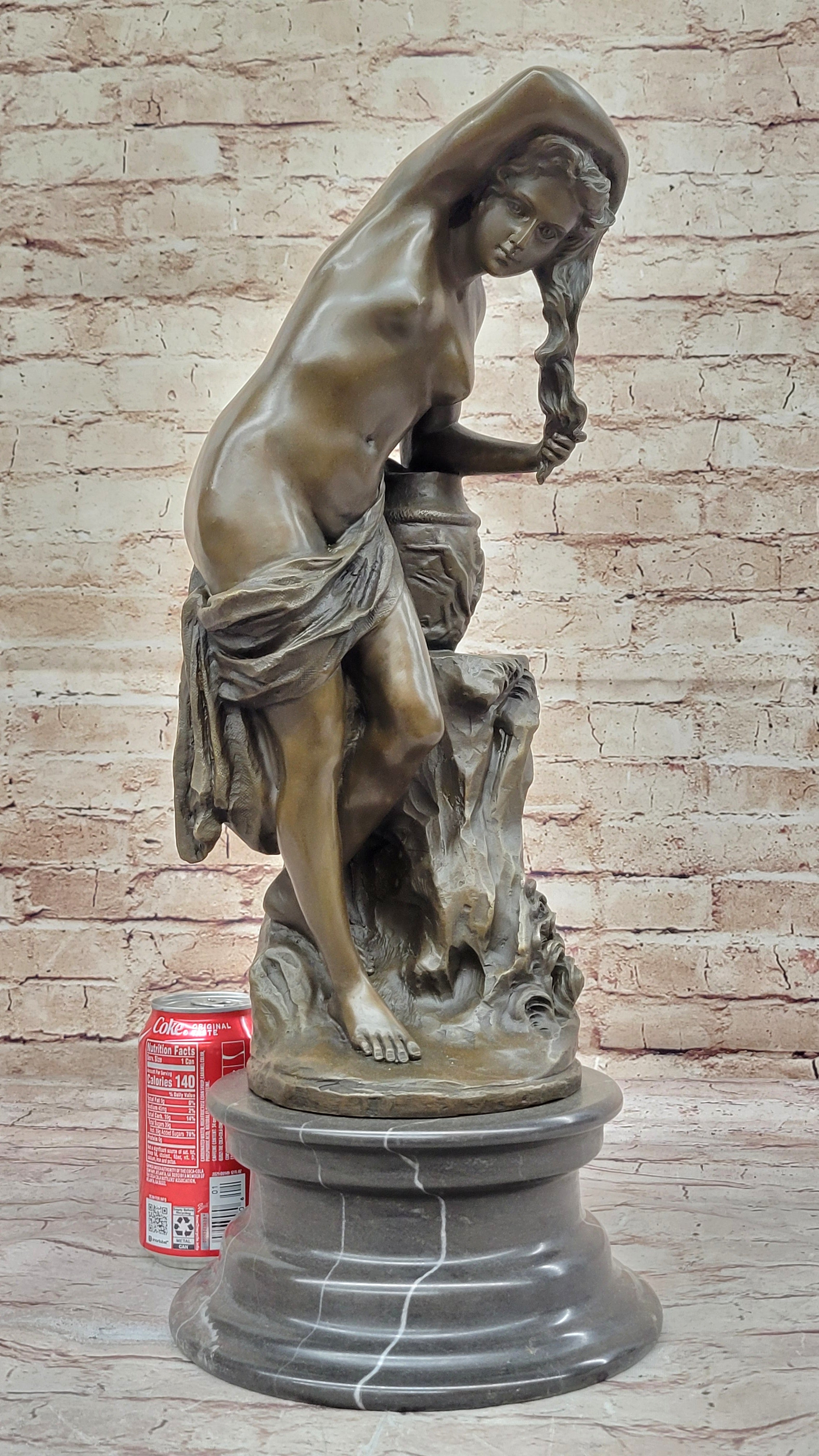 Nude Girl Washing Her Hair - Female Bronze Figure Sculpture Art