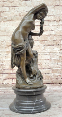 Nude Girl Washing Her Hair - Female Bronze Figure Sculpture Art