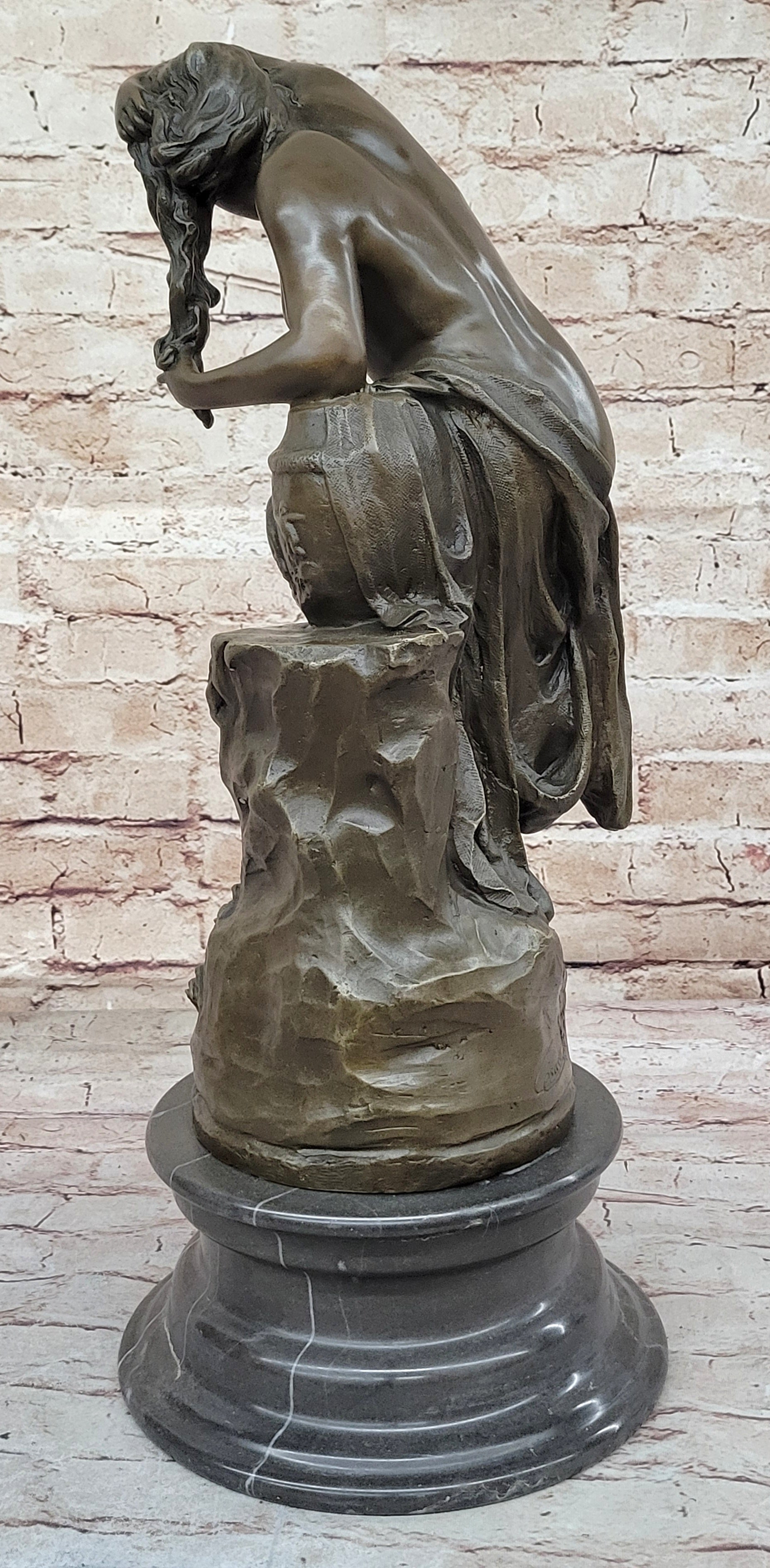 Nude Girl Washing Her Hair - Female Bronze Figure Sculpture Art