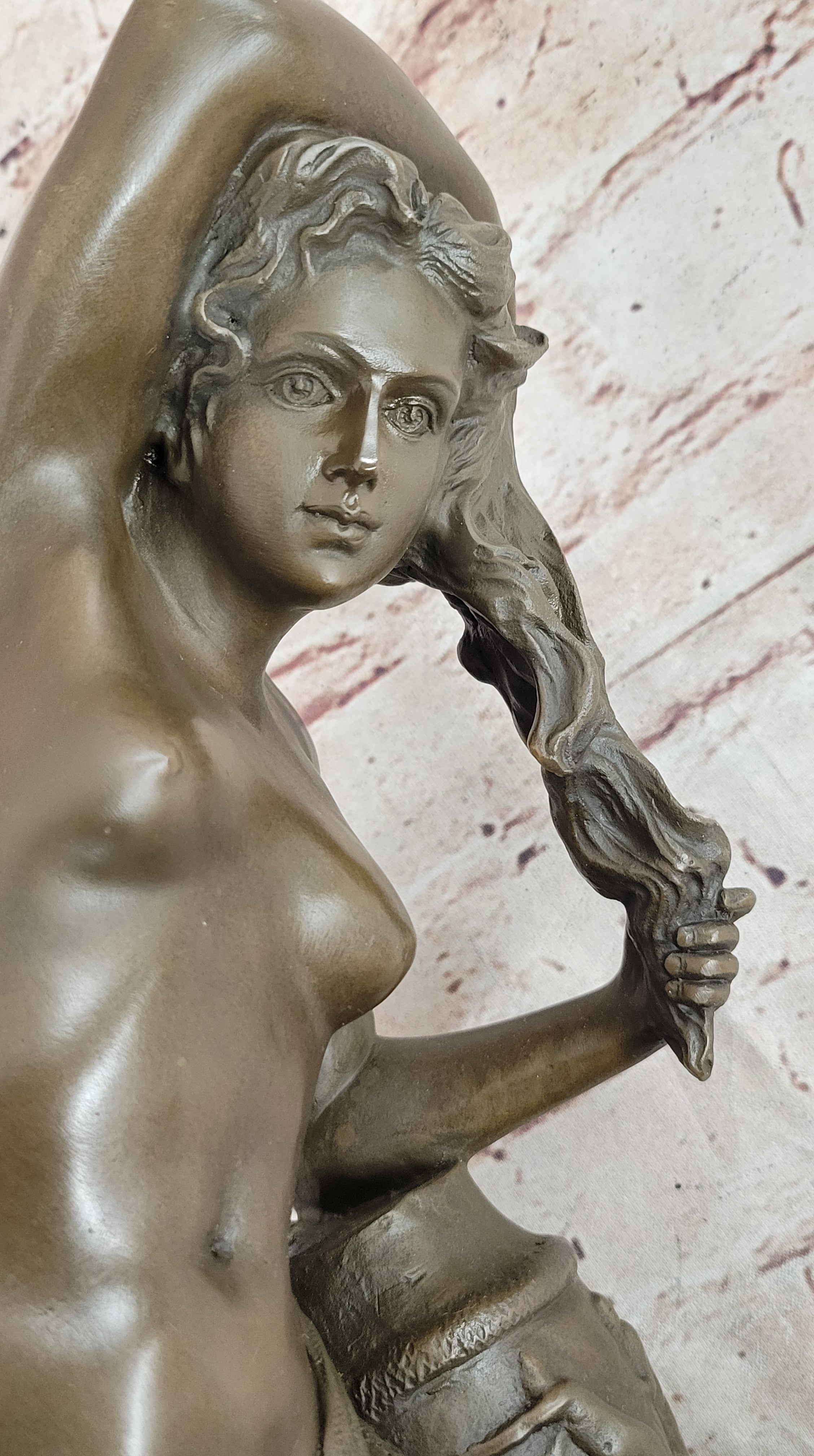 Nude Girl Washing Her Hair - Female Bronze Figure Sculpture Art