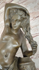 Nude Girl Washing Her Hair - Female Bronze Figure Sculpture Art