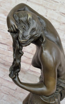 Nude Girl Washing Her Hair - Female Bronze Figure Sculpture Art