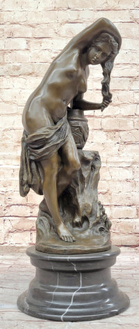 Nude Girl Washing Her Hair - Female Bronze Figure Sculpture Art