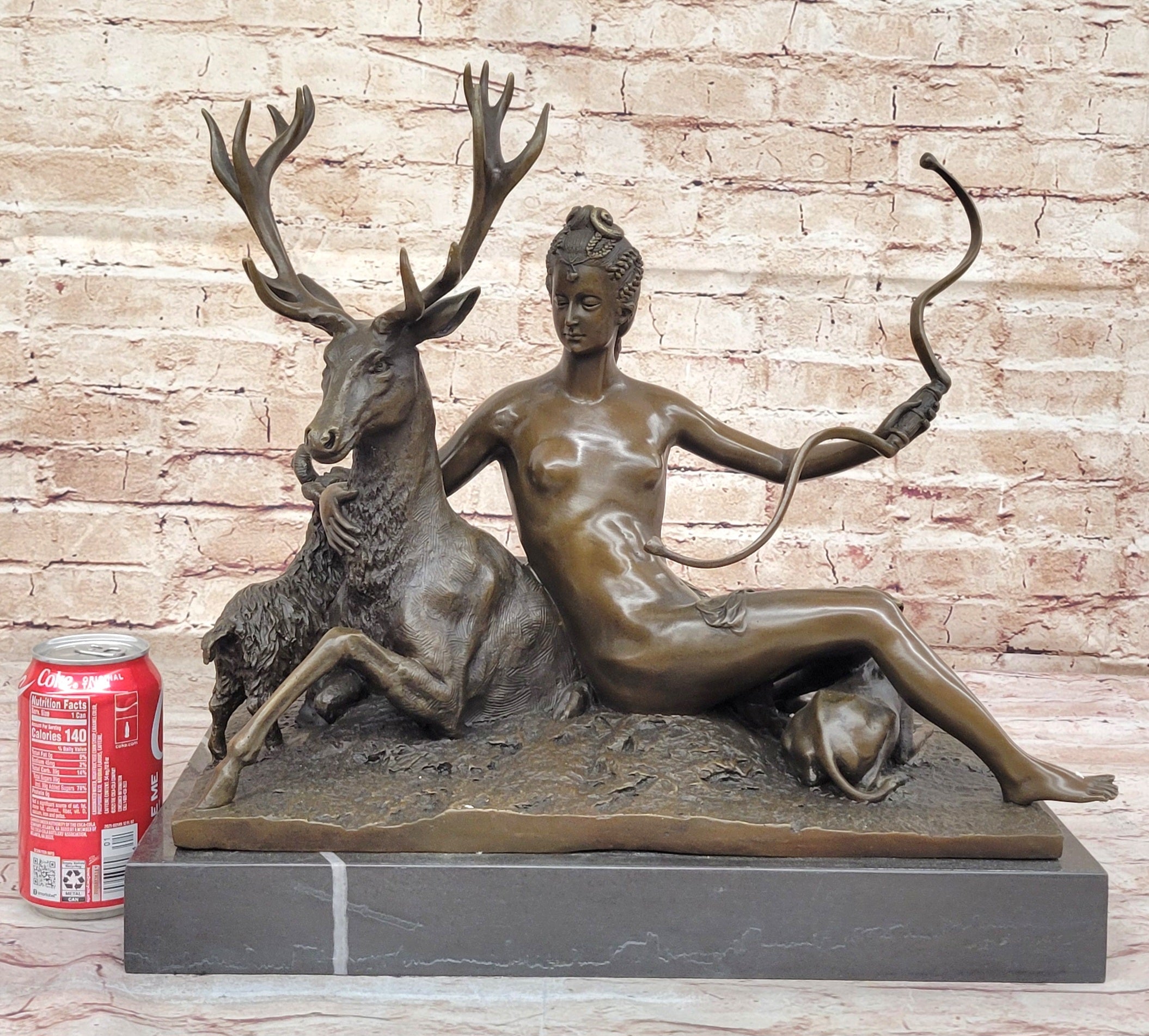 Goddess Diana Artemis w/ Deer Stag - Bronze Sculpture by Jacquiet