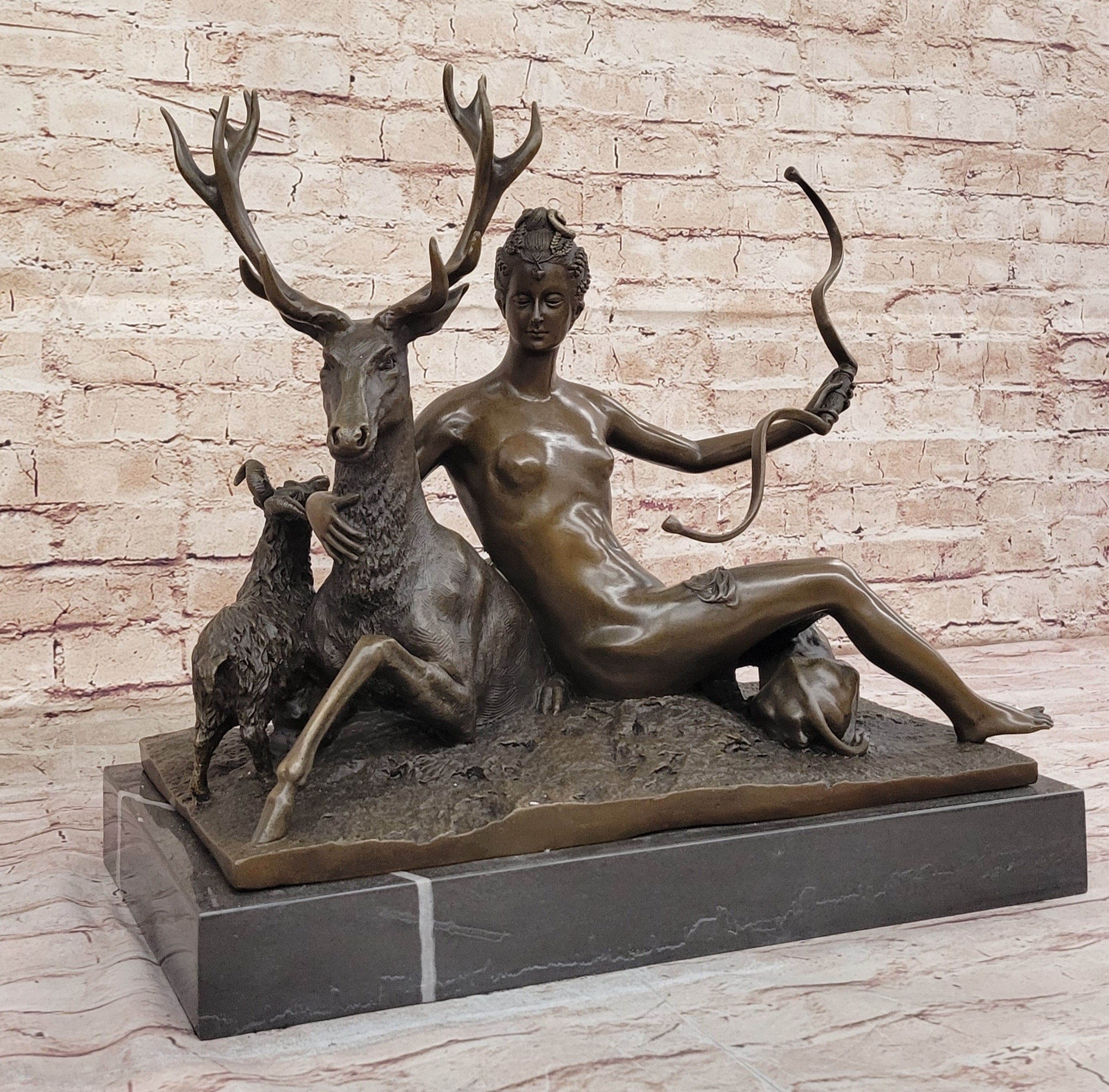 Goddess Diana Artemis w/ Deer Stag - Bronze Sculpture by Jacquiet