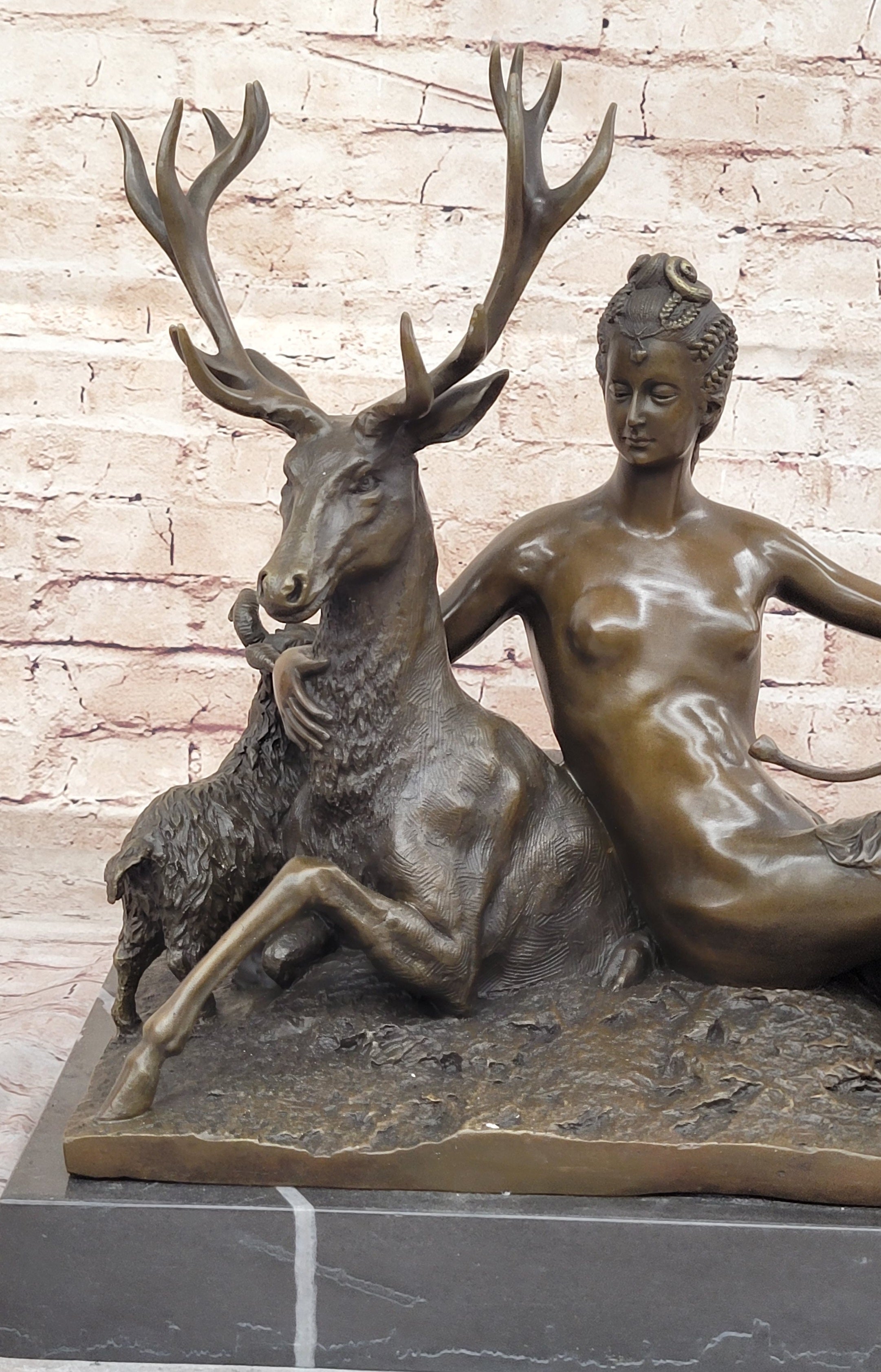 Goddess Diana Artemis w/ Deer Stag - Bronze Sculpture by Jacquiet