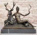Goddess Diana Artemis w/ Deer Stag - Bronze Sculpture by Jacquiet