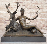 Goddess Diana Artemis w/ Deer Stag - Bronze Sculpture by Jacquiet