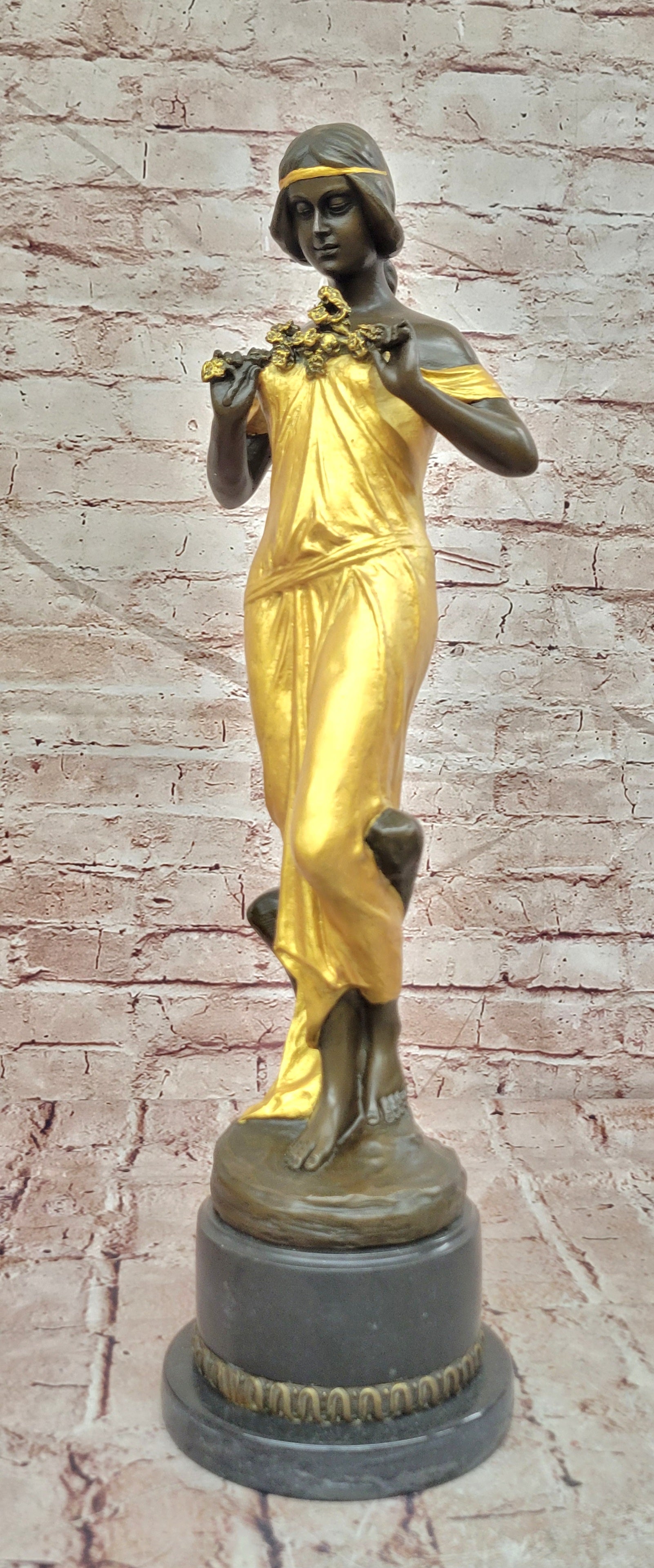 Large Nymph Bronze Sculpture Female Signed Pittaluga Artwork Gold Patina Art