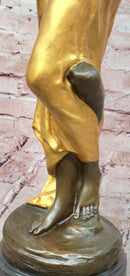Large Nymph Bronze Sculpture Female Signed Pittaluga Artwork Gold Patina Art
