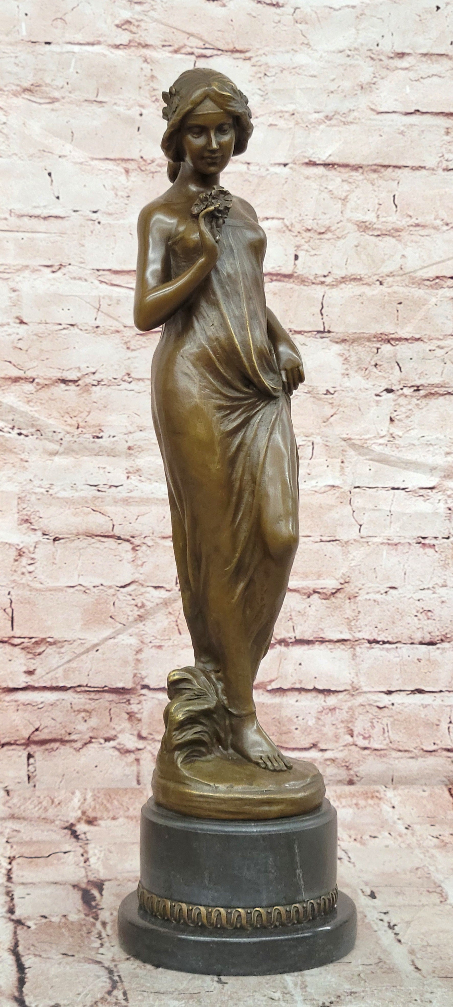Large Pittaluga “Woman With Flower” Elegant Bronze Sculpture Designer Marble Base