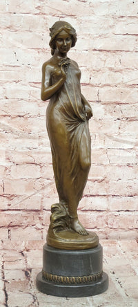 Large Pittaluga “Woman With Flower” Elegant Bronze Sculpture Designer Marble Base