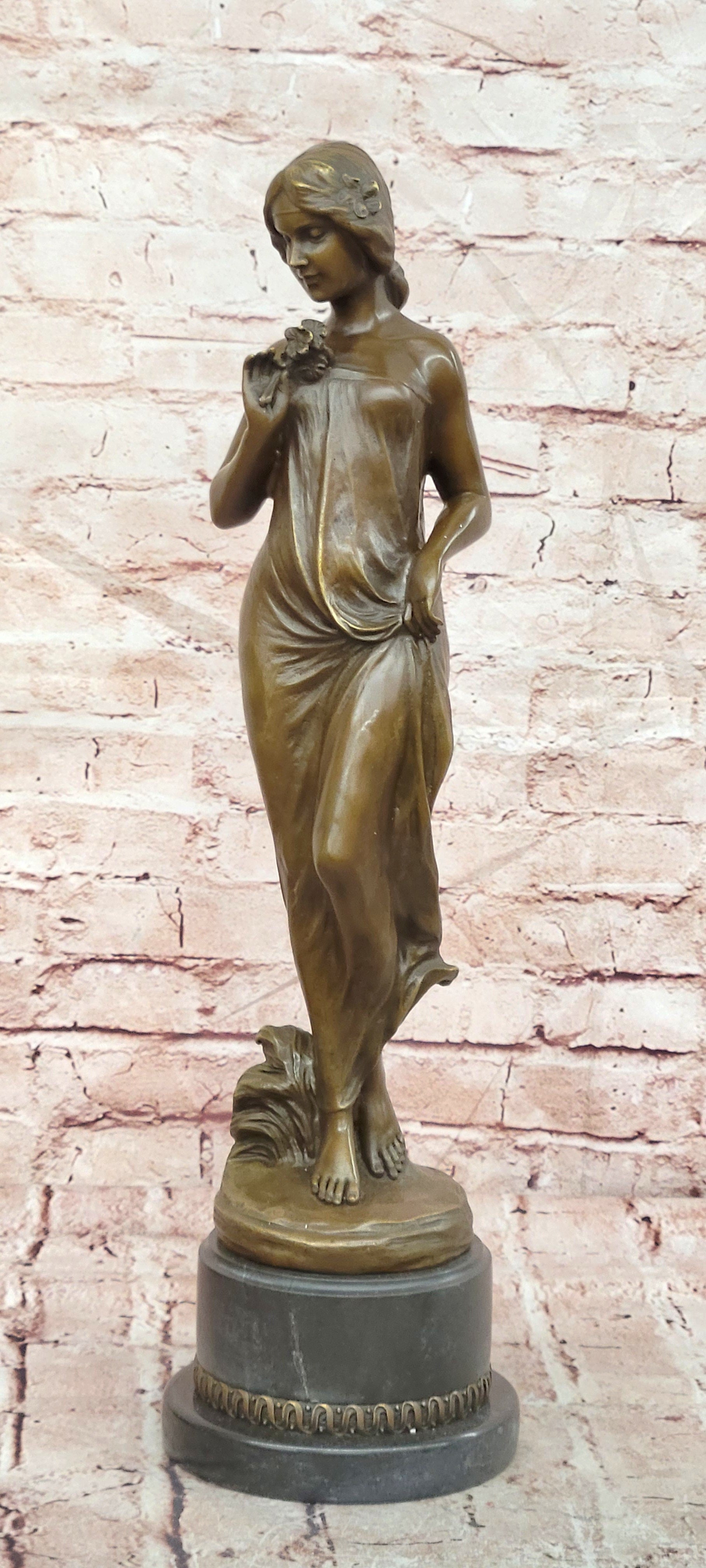 Large Pittaluga “Woman With Flower” Elegant Bronze Sculpture Designer Marble Base