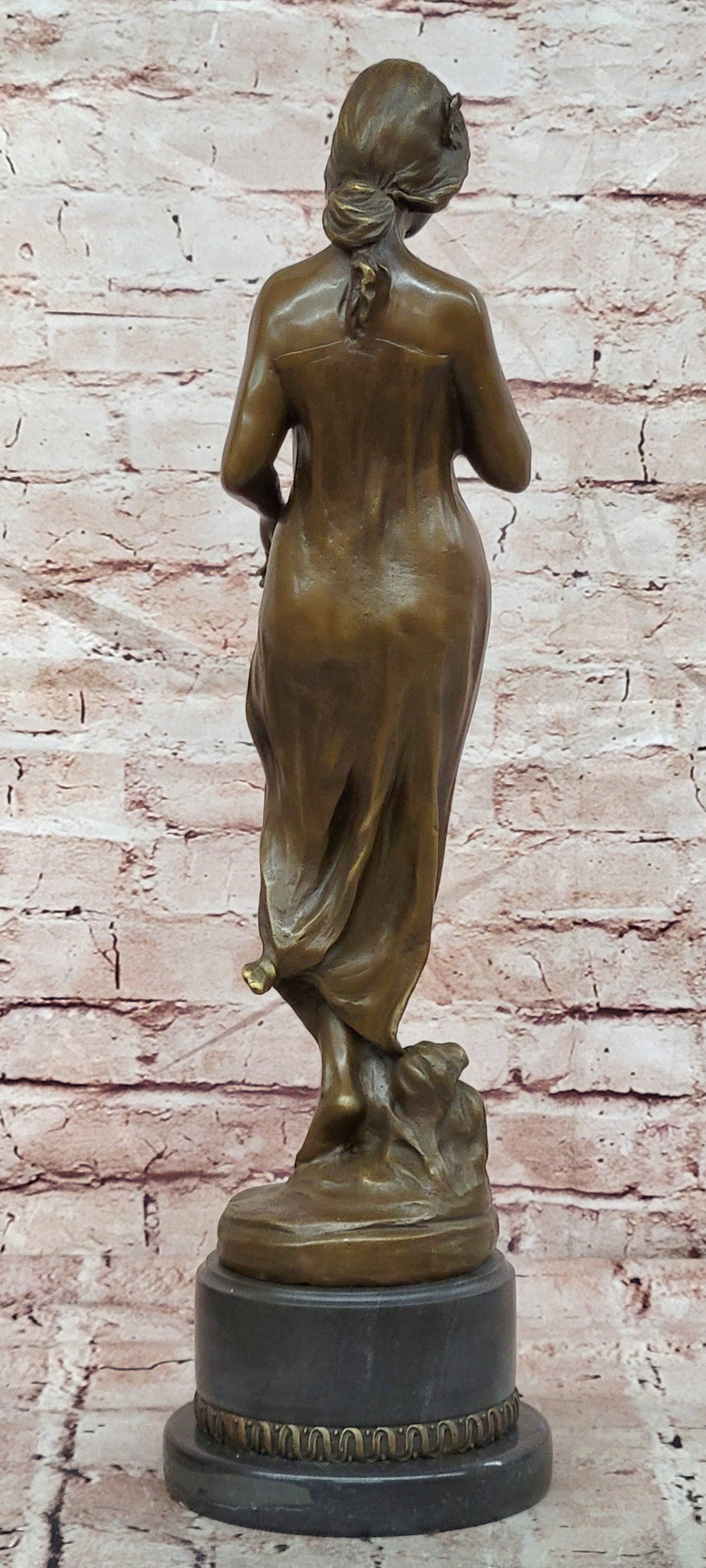 Large Pittaluga “Woman With Flower” Elegant Bronze Sculpture Designer Marble Base