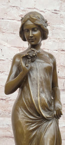 Large Pittaluga “Woman With Flower” Elegant Bronze Sculpture Designer Marble Base