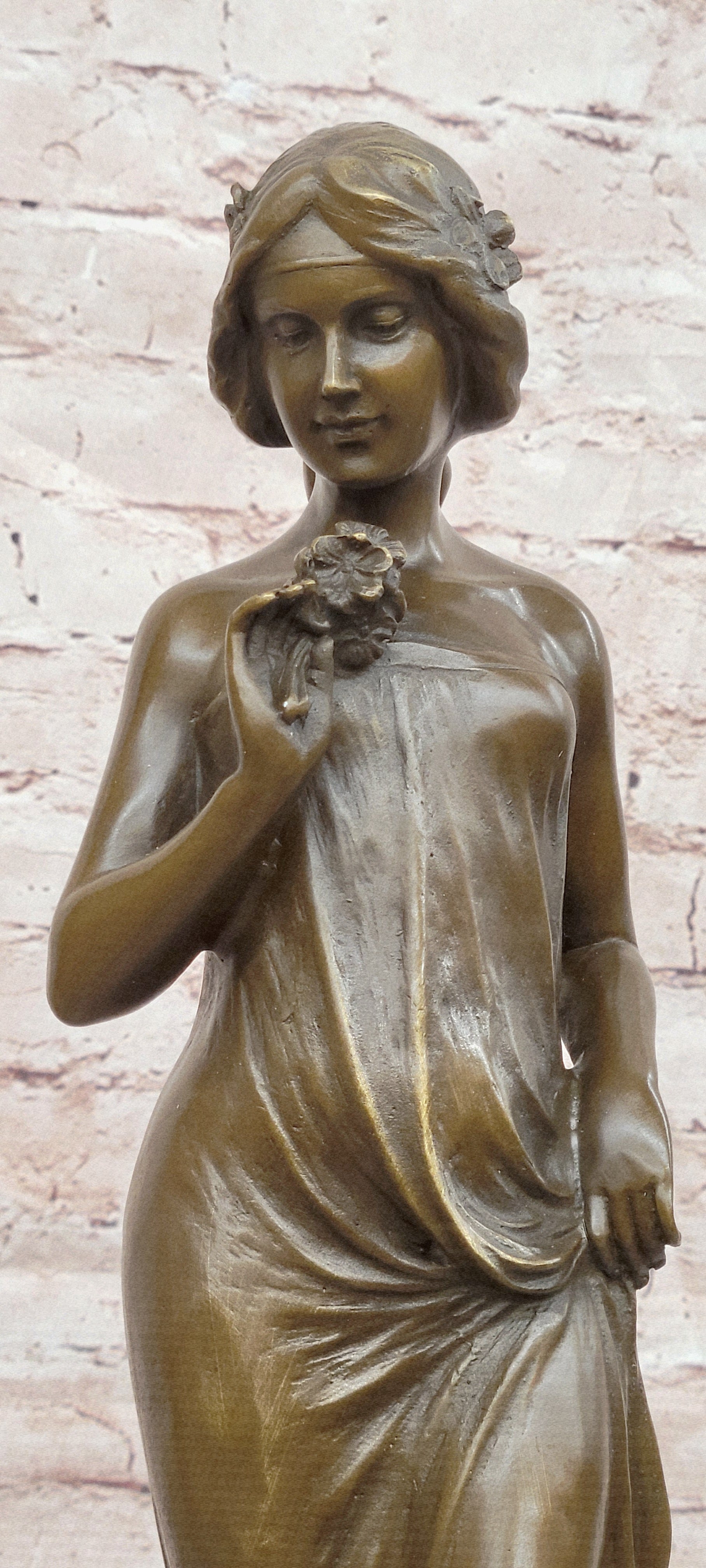 Large Pittaluga “Woman With Flower” Elegant Bronze Sculpture Designer Marble Base
