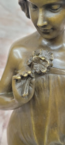 Large Pittaluga “Woman With Flower” Elegant Bronze Sculpture Designer Marble Base