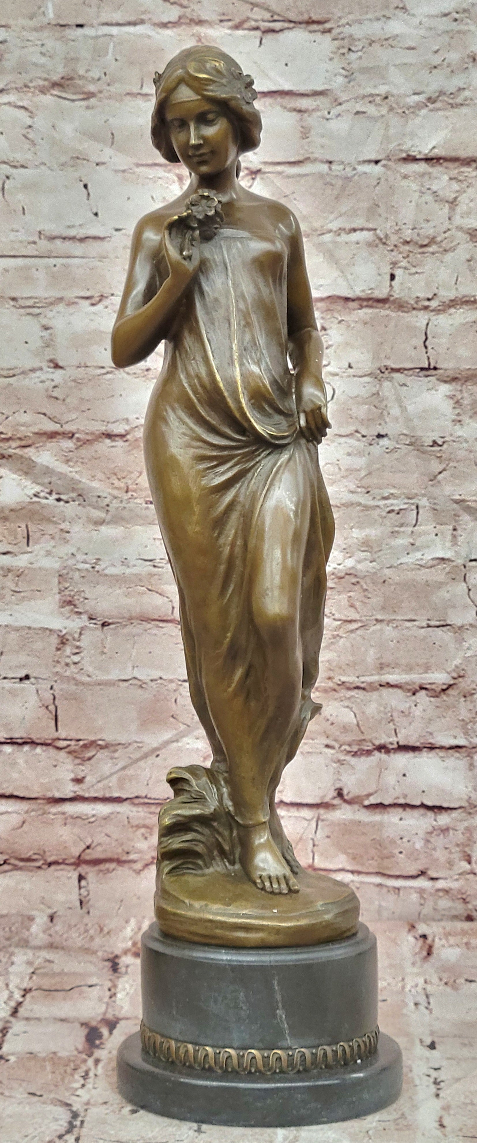 Large Pittaluga “Woman With Flower” Elegant Bronze Sculpture Designer Marble Base