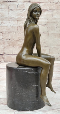 Bronze Nude Woman Sculpture on Marble Base – Seated Female Art