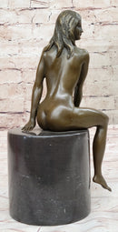 Bronze Nude Woman Sculpture on Marble Base – Seated Female Art