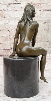 Bronze Nude Woman Sculpture on Marble Base – Seated Female Art