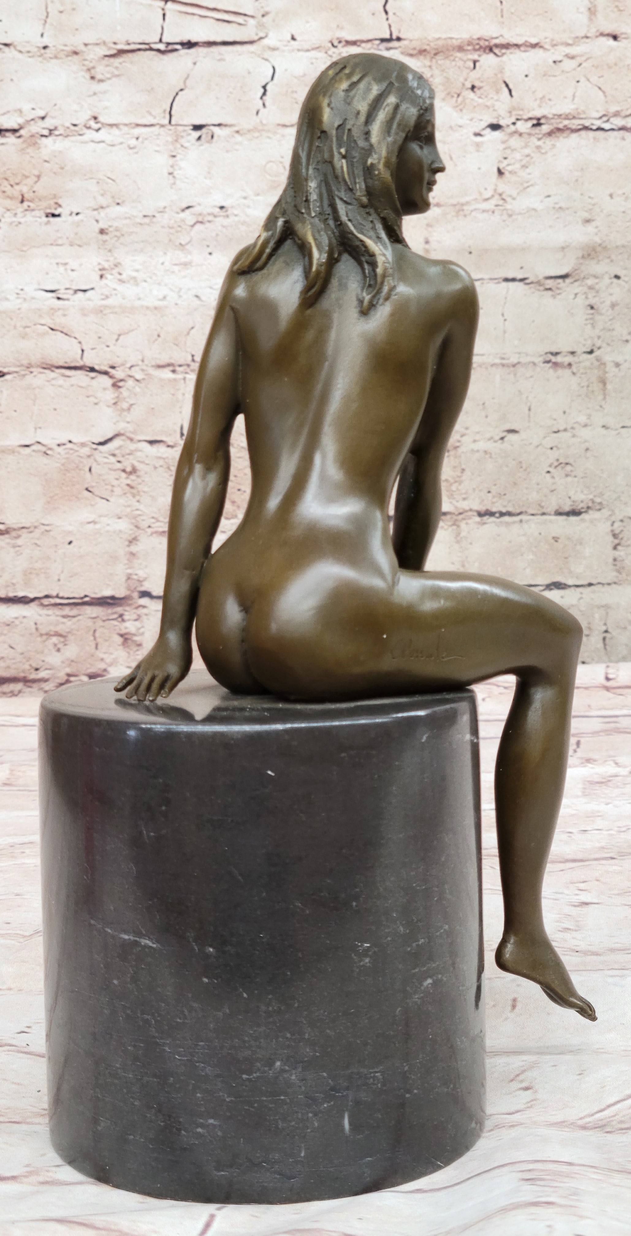 Bronze Nude Woman Sculpture on Marble Base – Seated Female Art