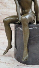 Bronze Nude Woman Sculpture on Marble Base – Seated Female Art