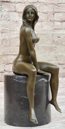 Bronze Nude Woman Sculpture on Marble Base – Seated Female Art