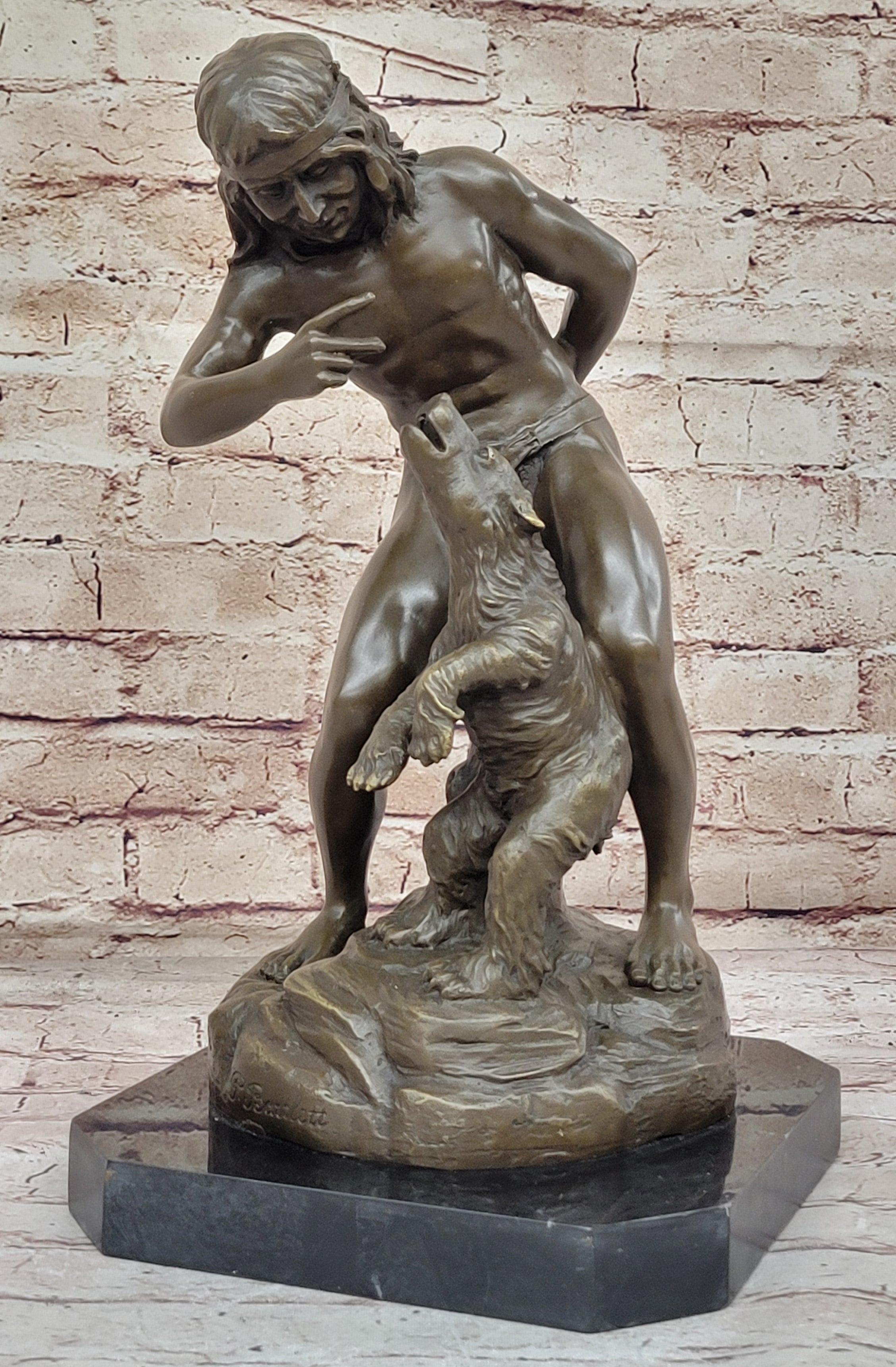 Native American Indian Shaman Taming a Bear - Bronze by P. Bartlett